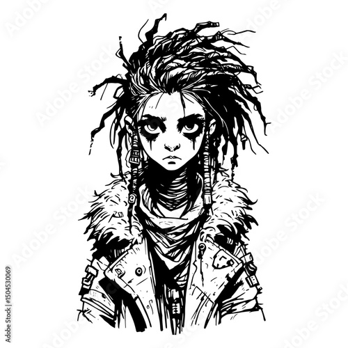 punk girl with dreads in expressive black and white sketch style