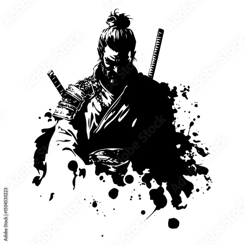 samurai with katana in bold ink silhouette style