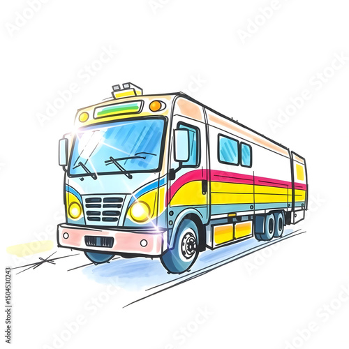 Colorful hand-drawn illustration of a delivery truck with bright accents and a cheerful expression - concept
