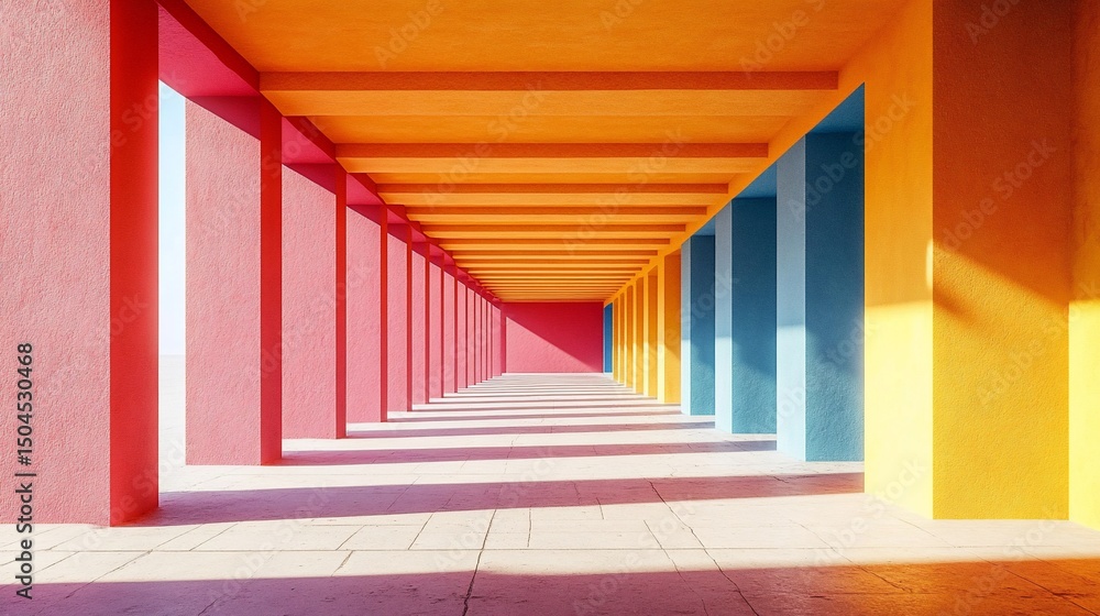 Fototapeta premium Vivid corridor of pillars; pink, orange, blue, yellow. Perspective, light, shadows