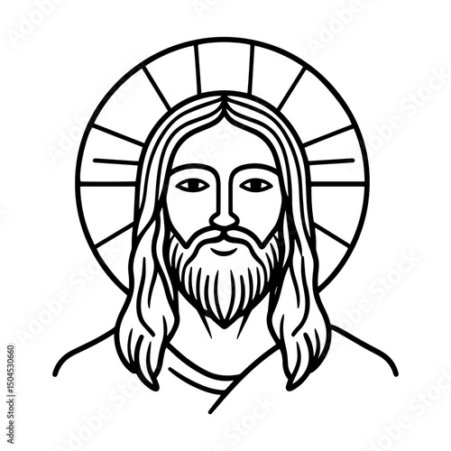 line art portrait of jesus with halo in minimalist black and white style
