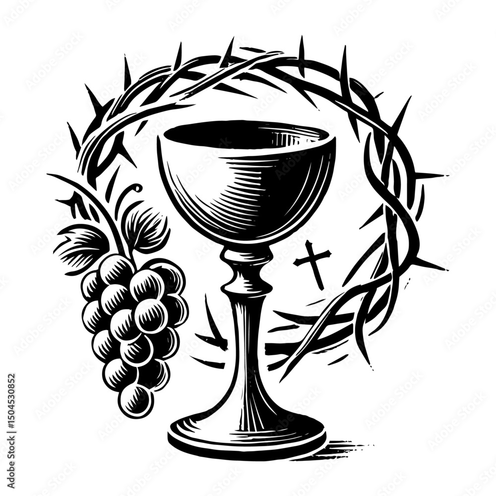 chalice with grapes and crown of thorns in symbolic christian vector style