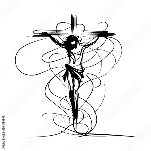 expressive jesus crucifixion with flowing lines in black and white