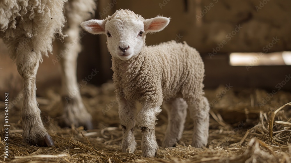 Obraz premium Baby lamb in a barn, surrounded by hay