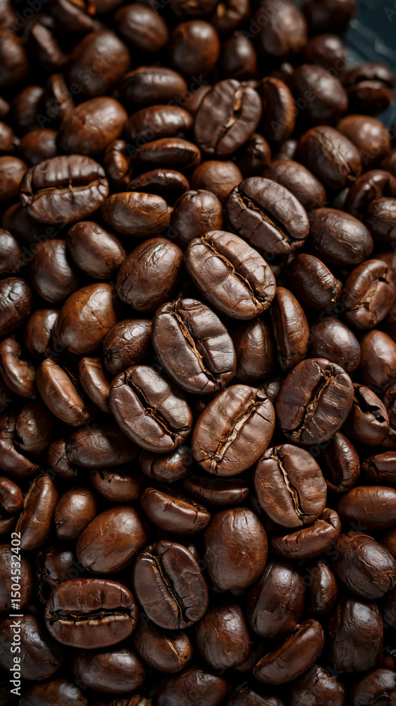 Fototapeta premium Macro texture of roasted coffee beans in rich brown tones with glossy cracks and surface details