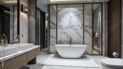 Discover a luxurious bathroom showcasing elegant design features and quality furniture, featuring a stunning bathtub and modern fixtures