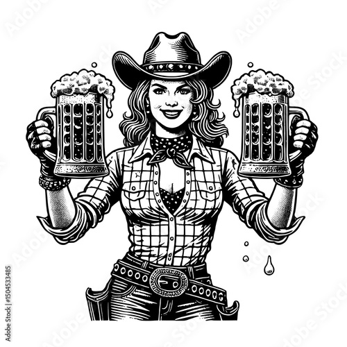 Cowgirl Holding Beer Mugs Vintage Vector Illustration