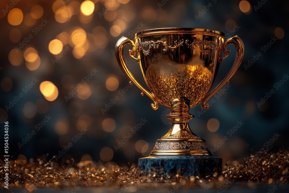 Golden trophy stands prominently surrounded by shimmering decorations during a celebratory event at night Golden trophy stands prominently surrounded by shimmering decorations during a celebratory event at night
