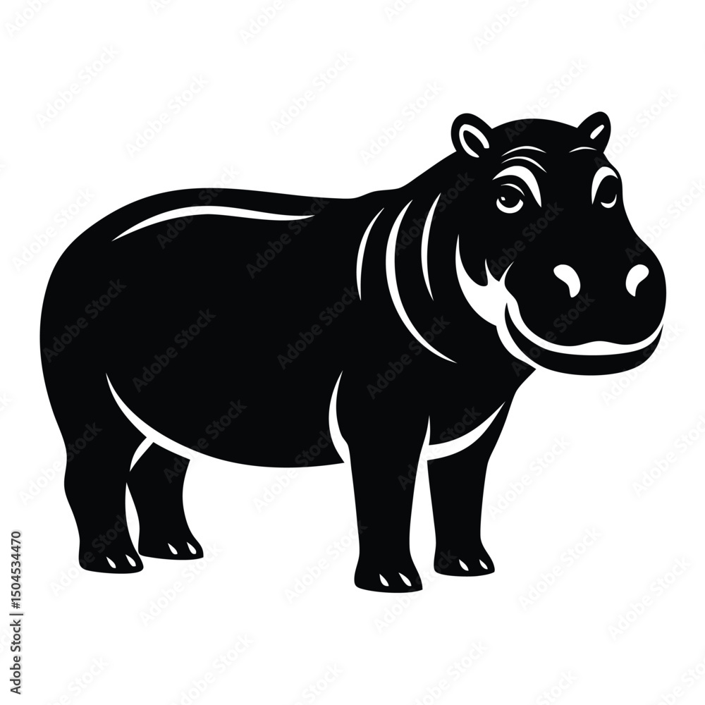 Fototapeta premium Silhouette of Hippo, Funny Hippo Vector Illustration Cartoons, Clipart, Line Art Design on White Background