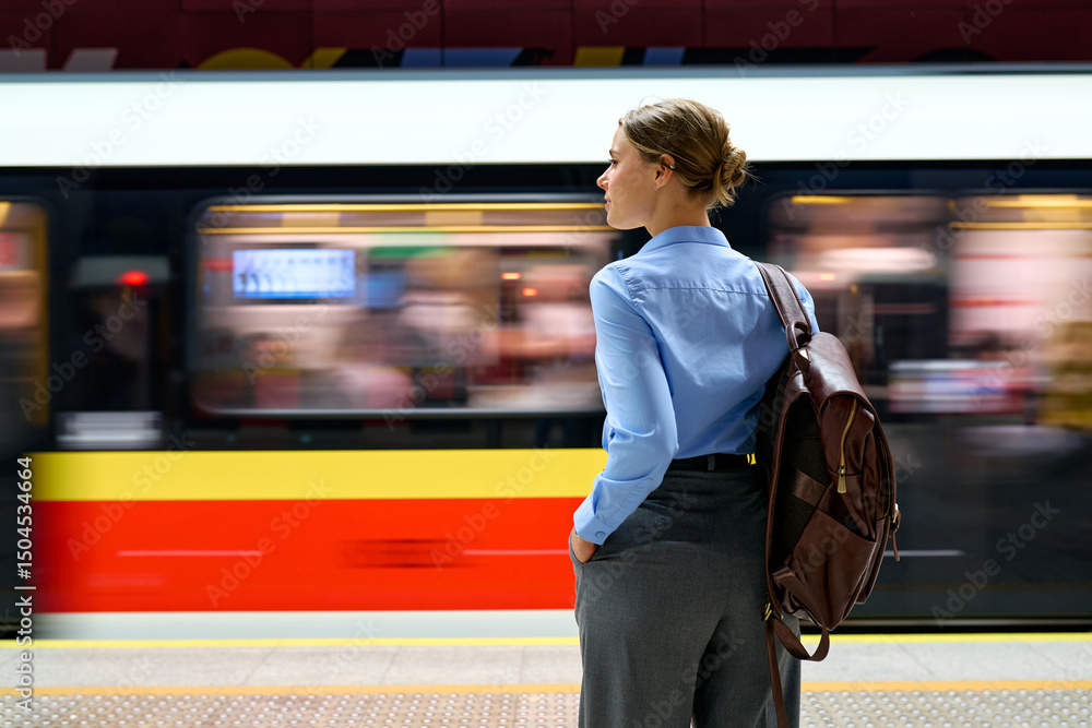 custom made wallpaper toronto digitalWoman with backpack standing at metro platform with moving train