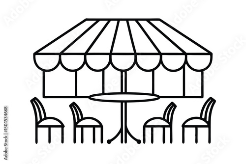 Outdoor cafe table chairs striped awning summer bistro
