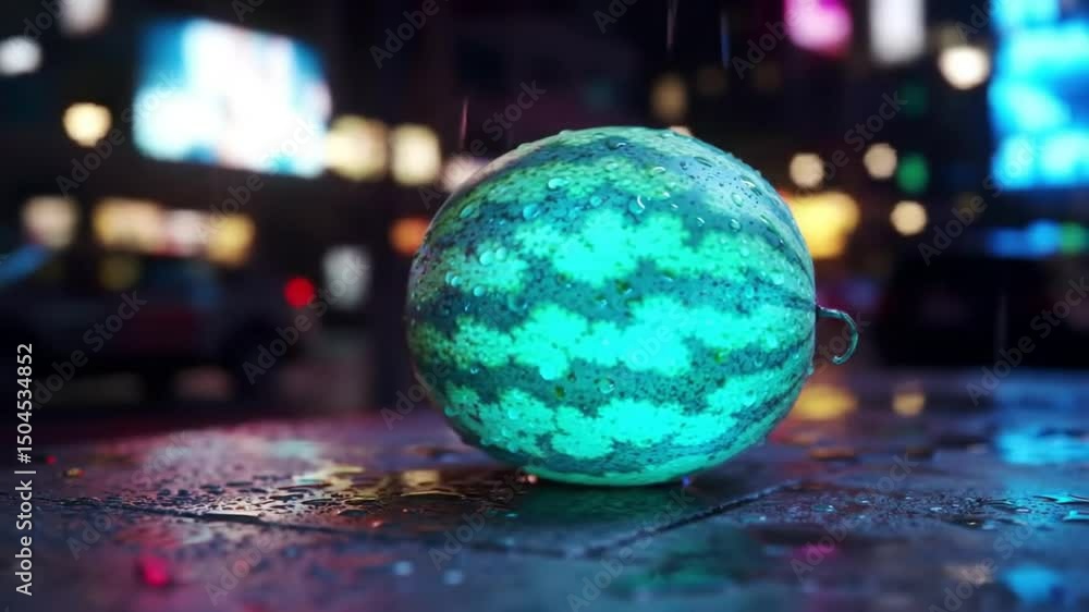 Glow In The Dark Watermelon Amidst Neon City Lights In Rainy Weather Glow In The Dark Watermelon Amidst Neon City Lights In Rainy Weather