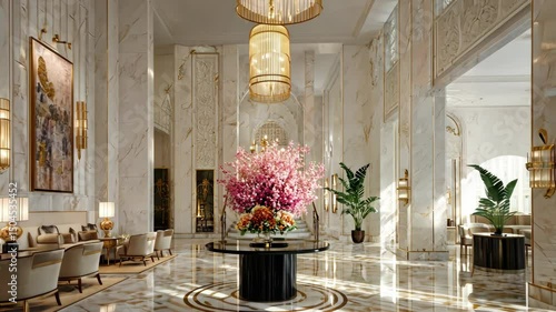Luxurious hotel lobby with marble walls, gold accents, and a grand centerpiece