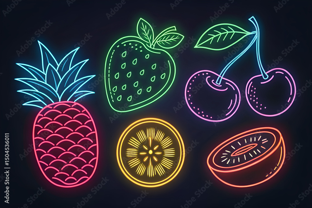 set of fruits neon line art set of fruits neon line art