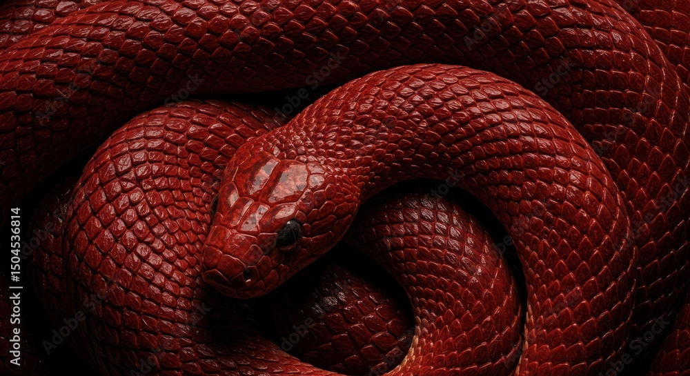 Fototapeta premium Coiled crimson serpent scaly and glossy