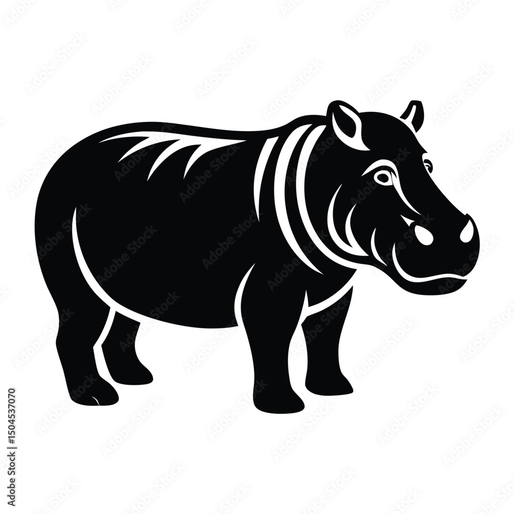 Fototapeta premium Silhouette of Hippo, Funny Hippo Vector Illustration Cartoons, Clipart, Line Art Design on White Background