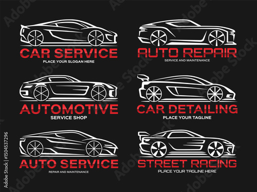 Modern vector car logos set for auto services, repair shops, detailing, automotive branding . Sleek sports car silhouettes on black background. Editable and scalable vector graphics.