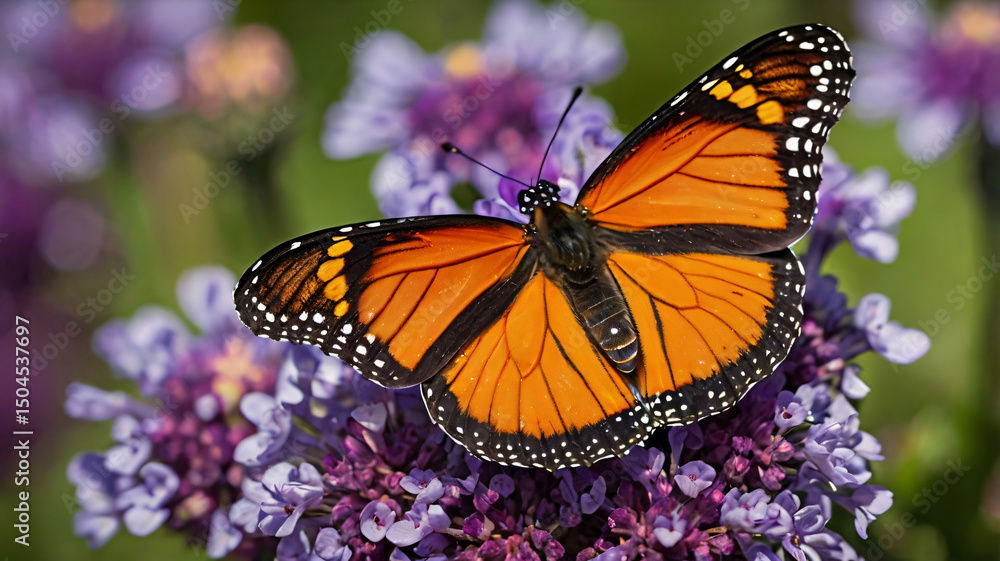 Obraz premium Bright orange monarch butterflies with black wings flutter among colorful flowers in a summer garden, showcasing nature's beauty up close