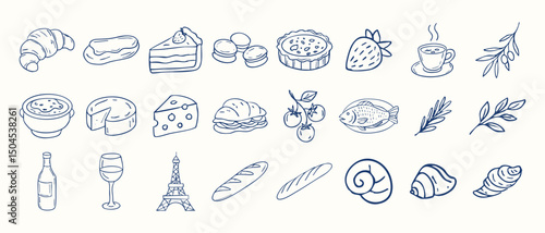 A series of food items are drawn in a stylized way, including a slice of cake, a sandwich, and a bowl of soup. Scene is lighthearted and playful