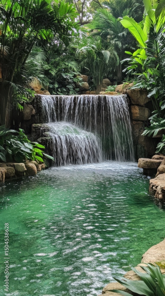 Naklejka premium Dynamic waterfalls cascading into a lush green pool, natural scenery. Vertical