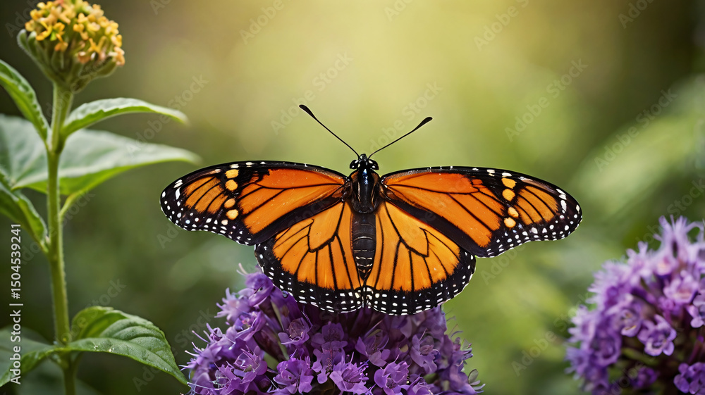 Fototapeta premium Orange monarch butterfly feeding on a purple flower in a summer garden