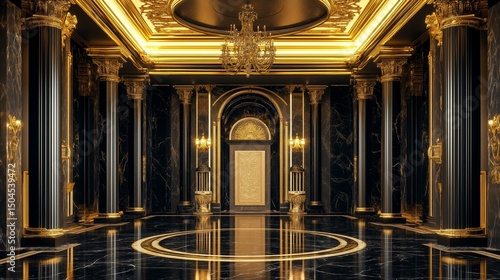 Elegant black palace hall with golden details and marble flooring