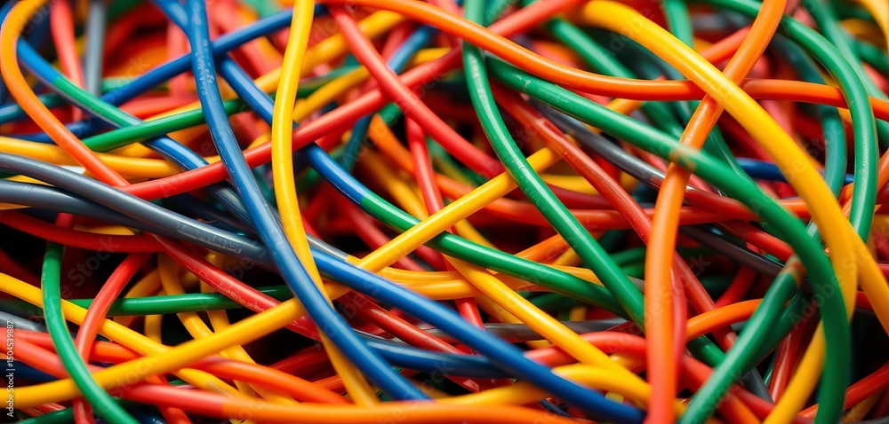 Close-up of tangled plastic electrical cables, cord, fiber Close-up of tangled plastic electrical cables, cord, fiber