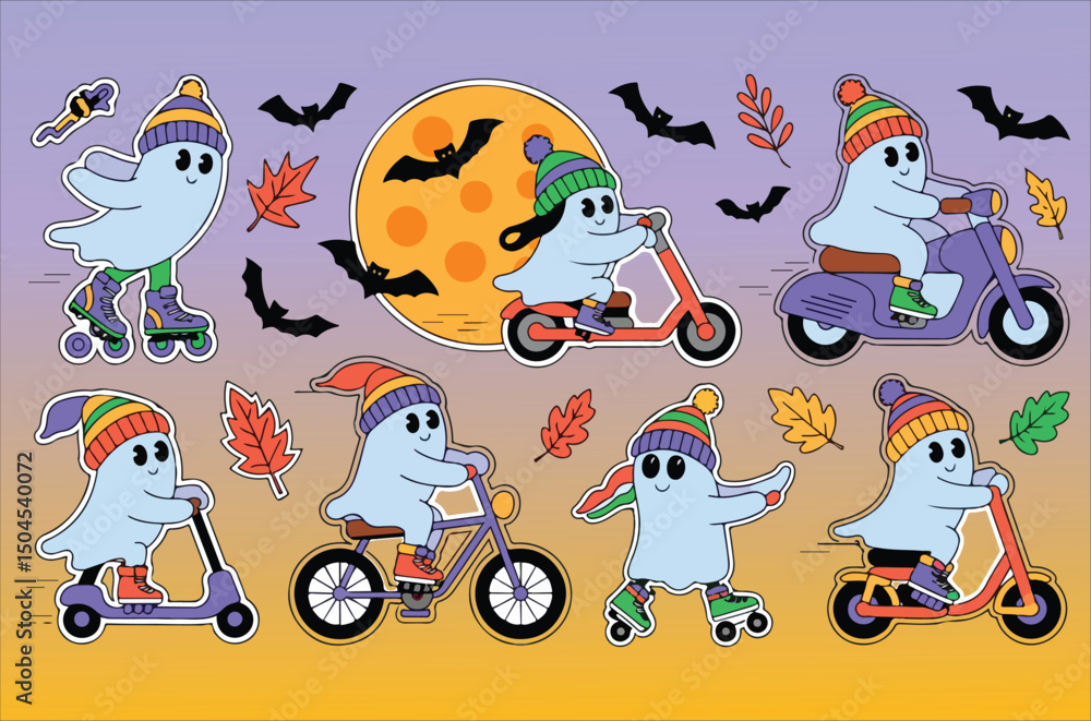 Naklejka premium Happy Hauntings Colorful Halloween Ghosts Cute cartoon