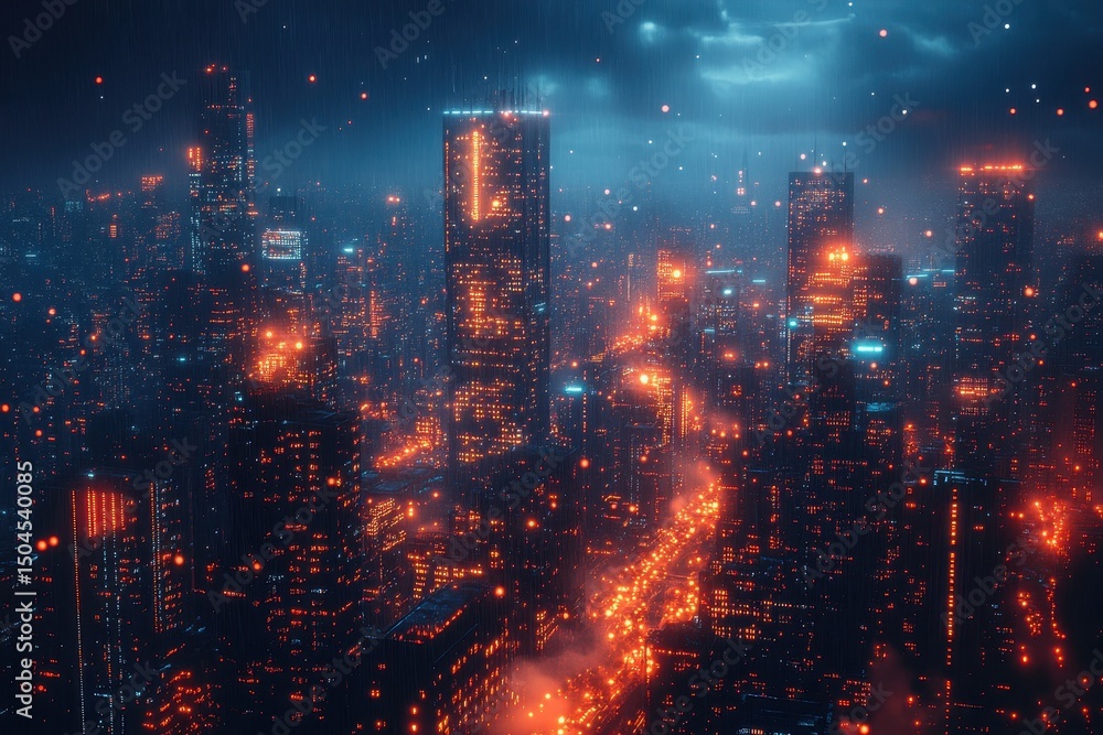 Fototapeta premium Stunning view of a futuristic city skyline illuminated by neon lights at night during a rainstorm