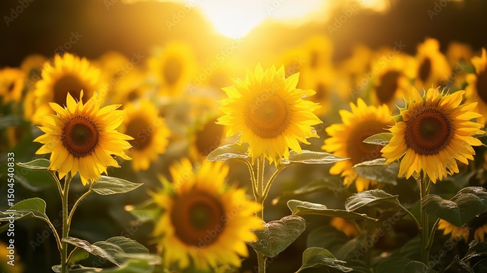 Obraz premium Golden sunflowers in a field bathed in warm sunset light.