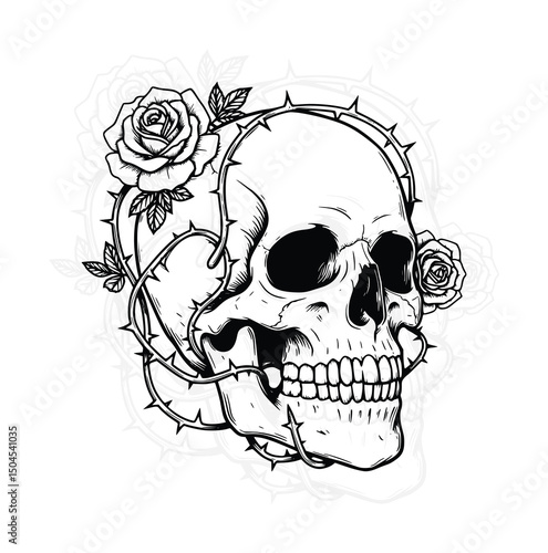 Skull with Roses and Thorns EPS