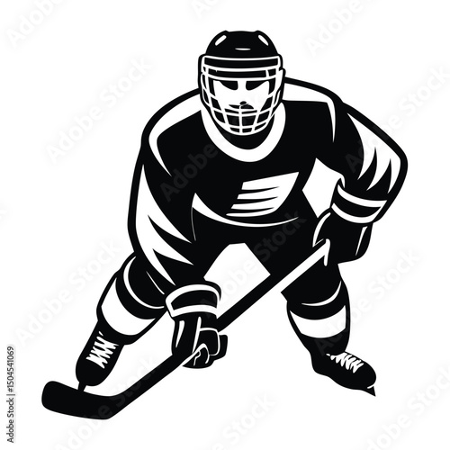 hockey player in action holding a hockey stick. Dynamic pose and determined facial expression highlight themes of athleticism