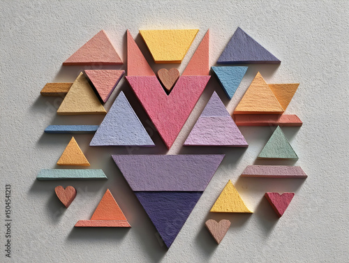 Colorful geometric shapes arranged artistically on a textured surface, featuring triangles, hearts, and various pastel hues, creating a vibrant and playful visual composition