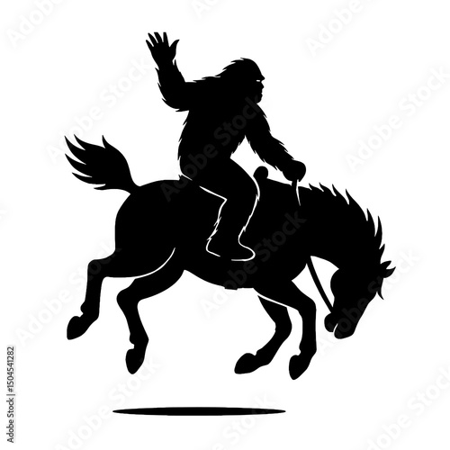Silhouette of Bigfoot Riding a Bucking Horse Rodeo Style