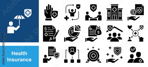 WebHealth insurance icon set with premium, coverage, policyholder, deductible, copayment, claim, provider, network and benefit.