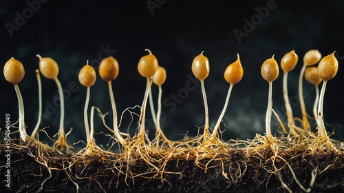 Under the right conditions, seeds begin to germinate, sprouting roots and leaves as they grow