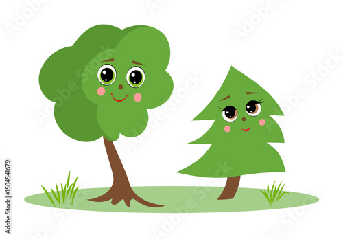 Tree and spruce with a smile on a white background. Forest, summer