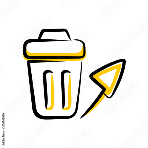 Stylized trash can icon with yellow accents and an accompanying arrow for deletion