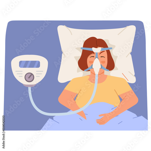 Continuous positive airway pressure.Obstructive sleep apnea.Woman lying on bed.Cpap mask.Patient in hospital cpap therapy.mask fitted over a head. The guy with the oxygen mask fitted over a head.