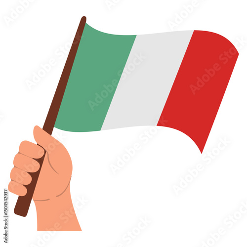 The hand holds flag Italy sign. Italy symbols, decorative elements. National holidays in Italy. Vector flat illustration.European country.