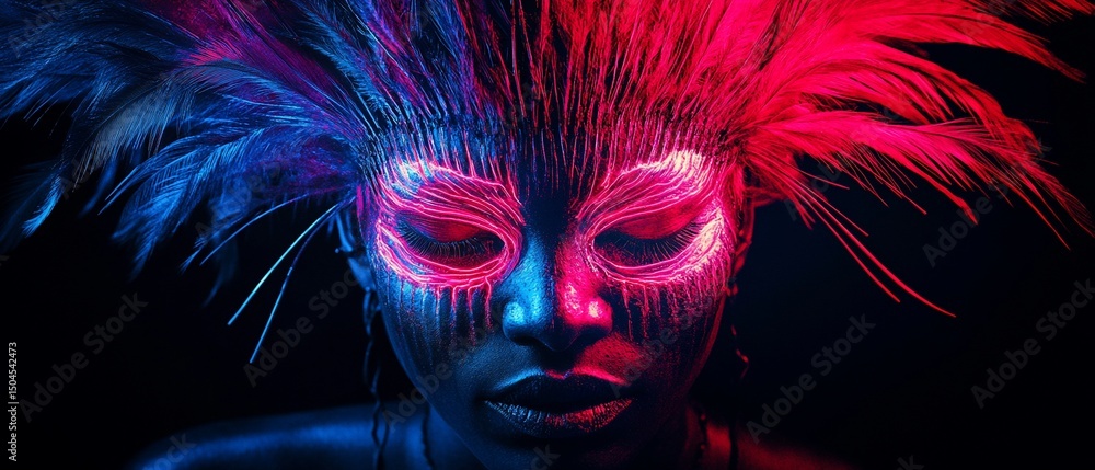 Woman's face with red and blue feather mask, glows in the dark Woman's face with red and blue feather mask, glows in the dark