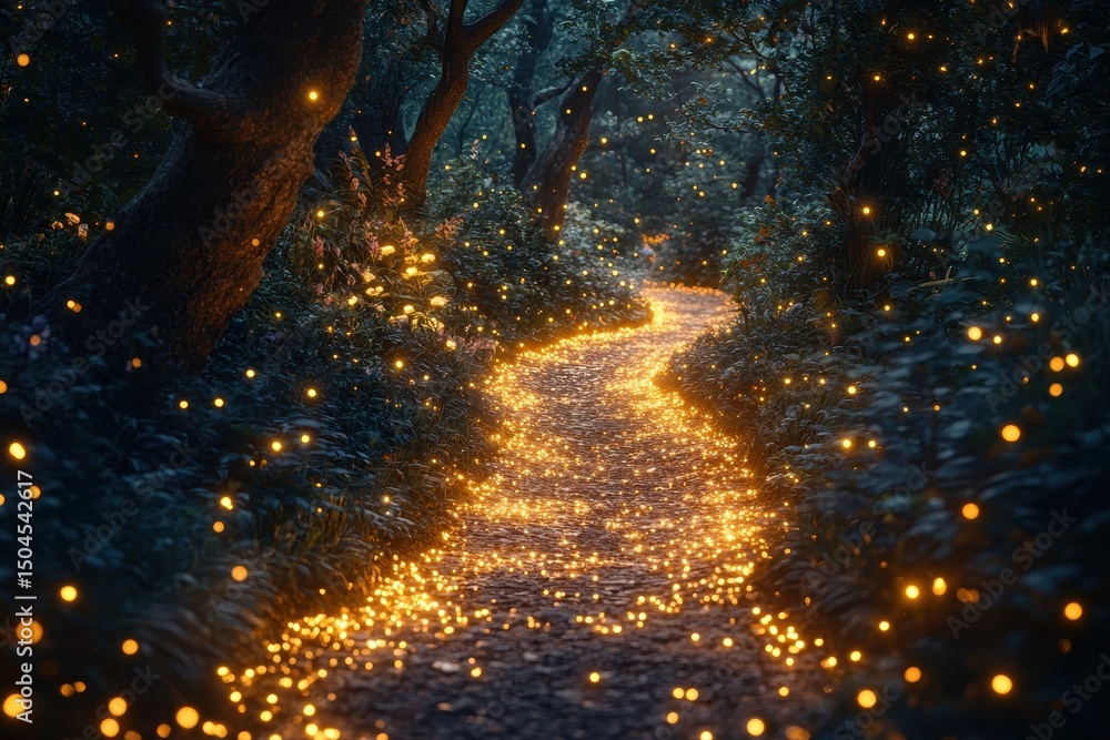 Naklejka premium Magical forest pathway illuminated by glowing lights at dusk