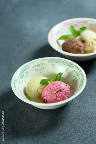 two scoops of ice cream in a bowl 