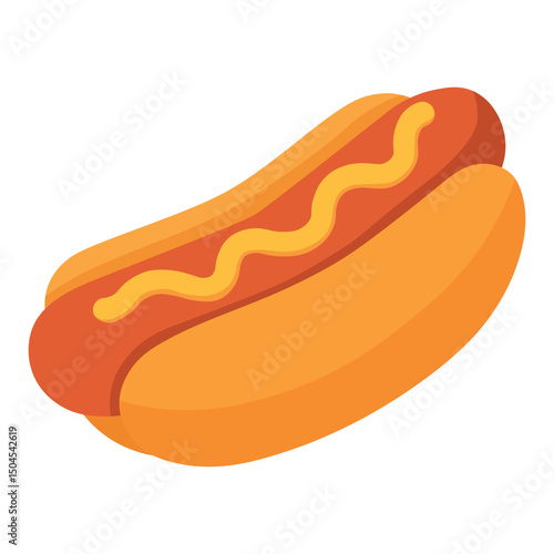 Tasty hot dog with sausage and mustard in a fluffy bun. Flat cartoon food illustration.