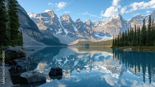 A glacial lake rests peacefully under towering mountains, its icy waters reflecting the snowy peaks