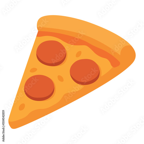 Flat cartoon slice of pizza with cheese, tomato sauce and pepperoni. Fun food illustration.