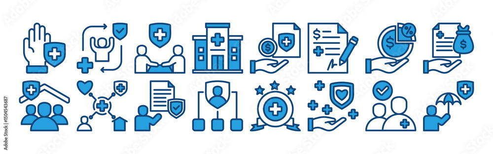 Fototapeta premium Health insurance icon set with premium, coverage, policyholder, deductible, copayment, claim, provider, network and benefit.