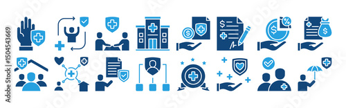 Health insurance icon set with premium, coverage, policyholder, deductible, copayment, claim, provider, network and benefit.