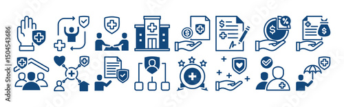 Health insurance icon set with premium, coverage, policyholder, deductible, copayment, claim, provider, network and benefit.