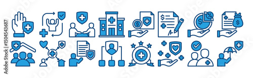 Health insurance icon set with premium, coverage, policyholder, deductible, copayment, claim, provider, network and benefit.